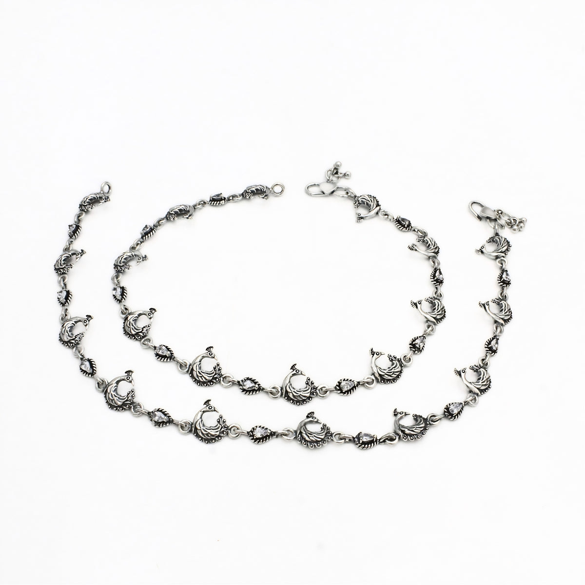 Traditional Peacock Anklet Pair – 925 Sterling Silver Oxidized Design, 10.5 Inch