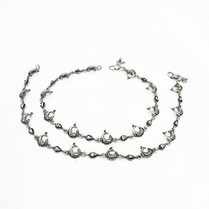 Traditional Peacock Anklet Pair – 925 Sterling Silver Oxidized Design, 10.5 Inch