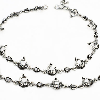 Traditional Peacock Anklet Pair – 925 Sterling Silver Oxidized Design, 10.5 Inch