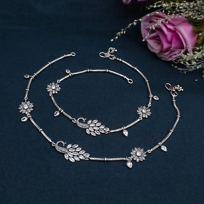 925 Sterling Silver Peacock Floral Anklet Pair – Intricate Ethnic Design