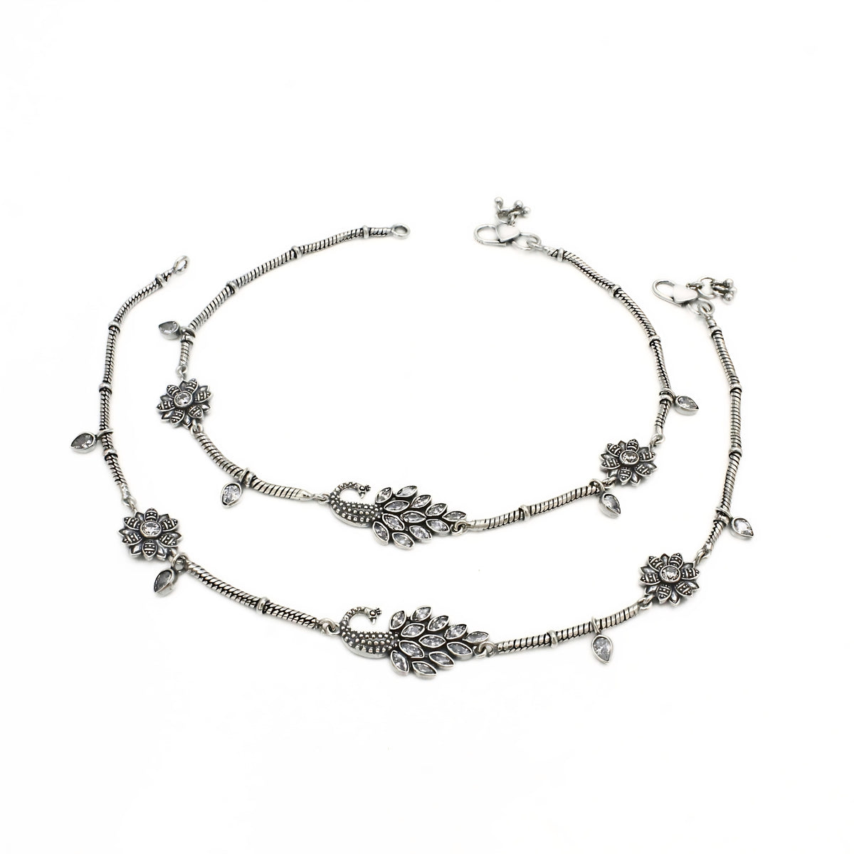 925 Sterling Silver Peacock Floral Anklet Pair – Intricate Ethnic Design