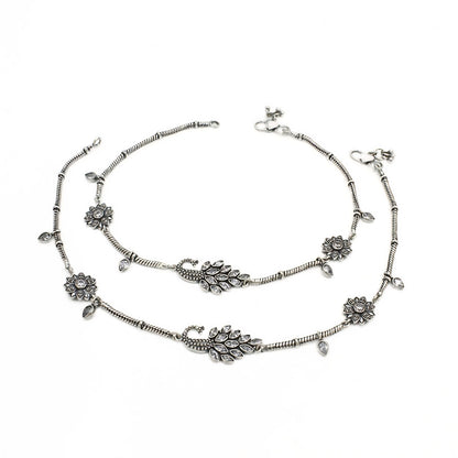 925 Sterling Silver Peacock Floral Anklet Pair – Intricate Ethnic Design