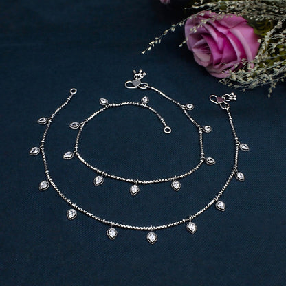 925 Sterling Silver Jhanjhar Pair – Teardrop Dangle Charm Oxidized Anklets