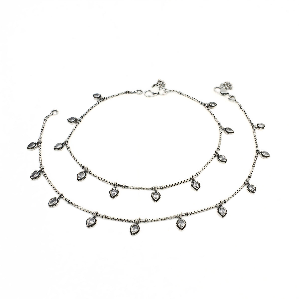 925 Sterling Silver Jhanjhar Pair – Teardrop Dangle Charm Oxidized Anklets