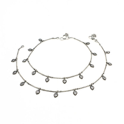 925 Sterling Silver Jhanjhar Pair – Teardrop Dangle Charm Oxidized Anklets