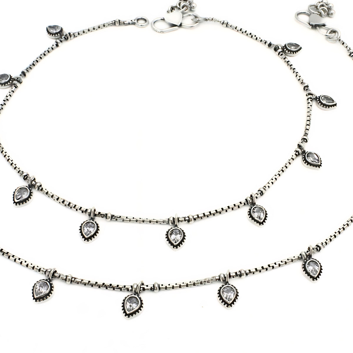 925 Sterling Silver Jhanjhar Pair – Teardrop Dangle Charm Oxidized Anklets