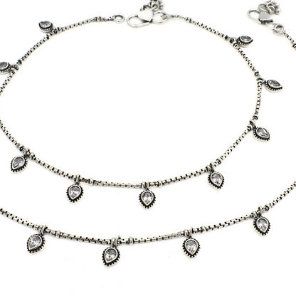 925 Sterling Silver Jhanjhar Pair – Teardrop Dangle Charm Oxidized Anklets
