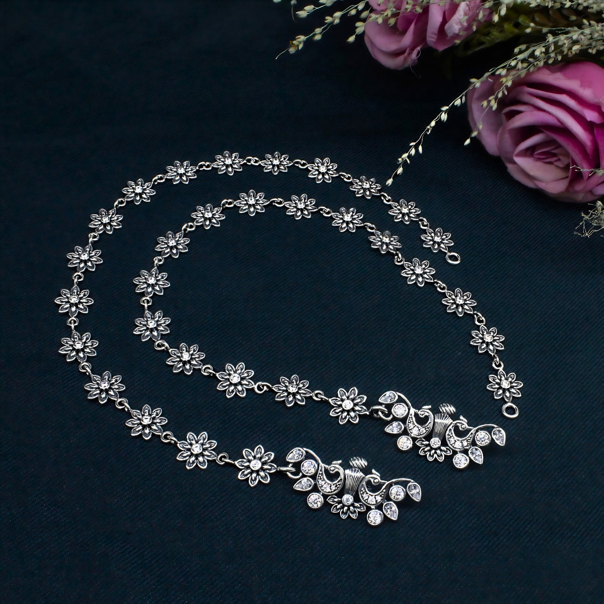 Elegant Floral Charm Anklet Pair – 925 Sterling Silver Oxidized Jewellery
