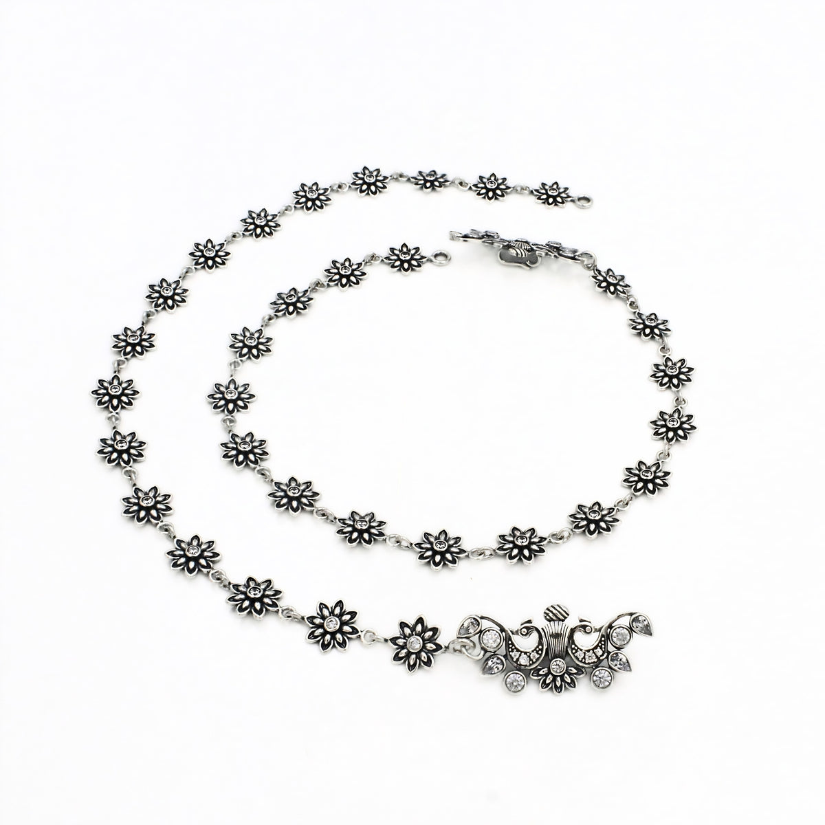 Elegant Floral Charm Anklet Pair – 925 Sterling Silver Oxidized Jewellery