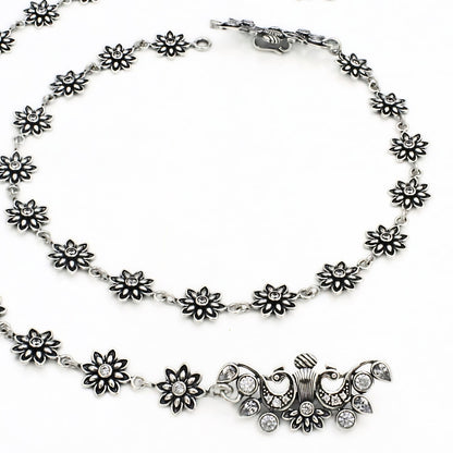 Elegant Floral Charm Anklet Pair – 925 Sterling Silver Oxidized Jewellery