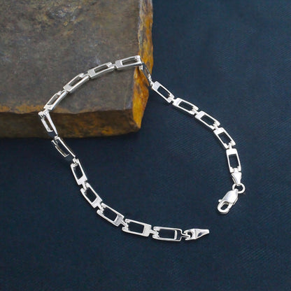 Real Silver Men's Geometric Rectangle Link Bracelet – 925 Sterling Silver