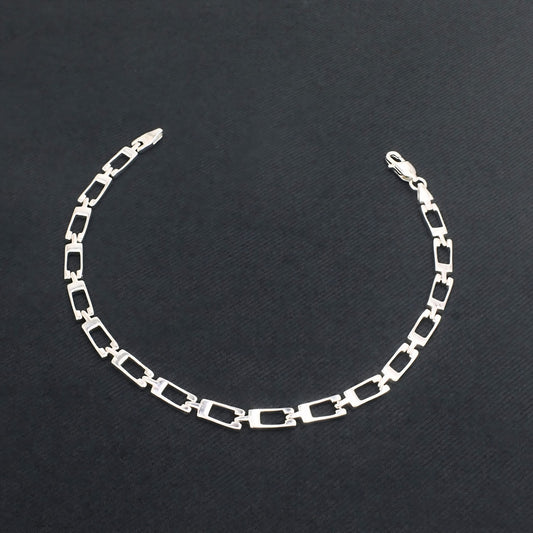 Real Silver Men's Geometric Rectangle Link Bracelet – 925 Sterling Silver