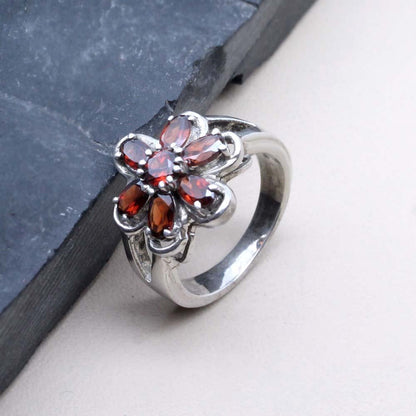 Silver Ring Garnet Studded Platinum Finish