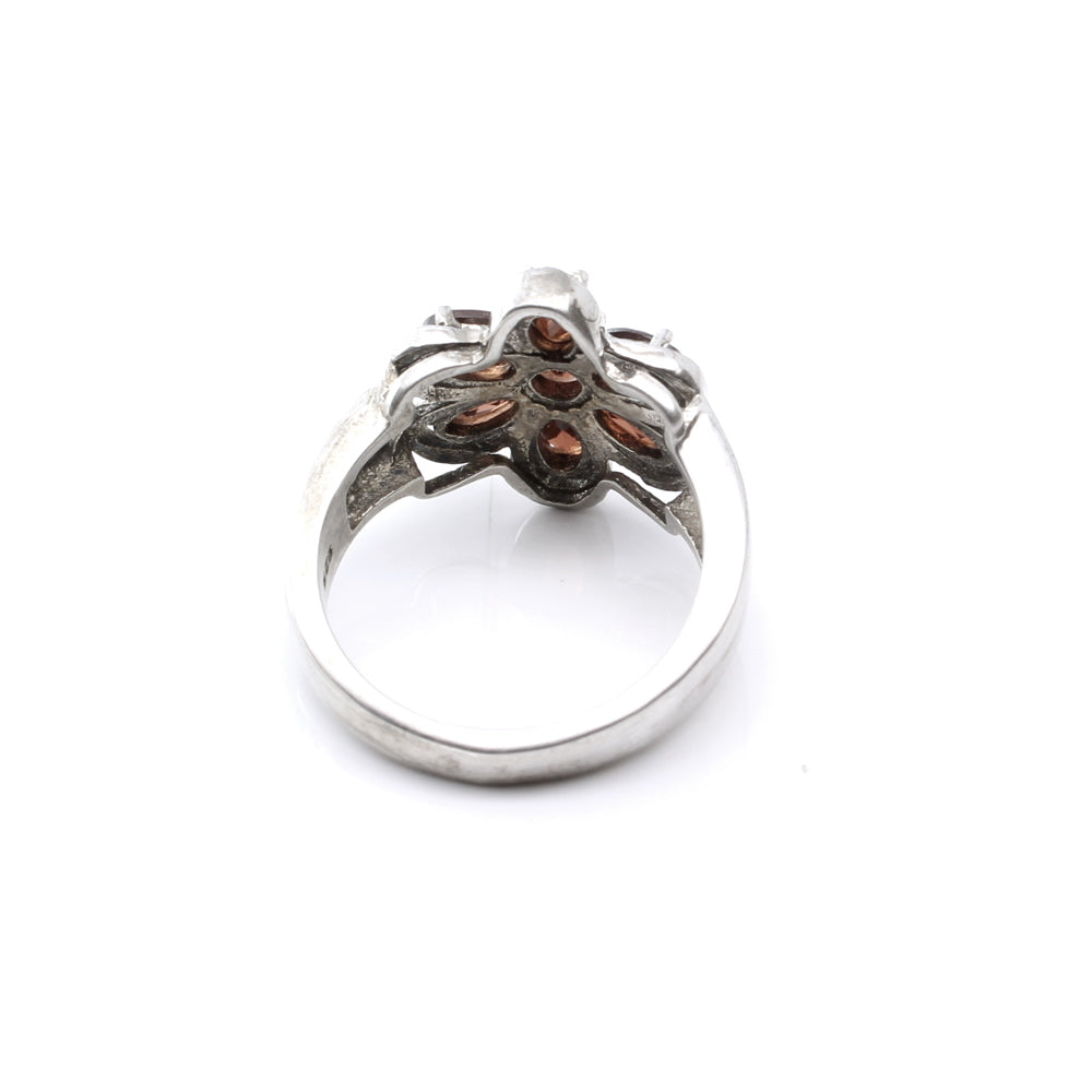 Silver Ring Garnet Studded Platinum Finish