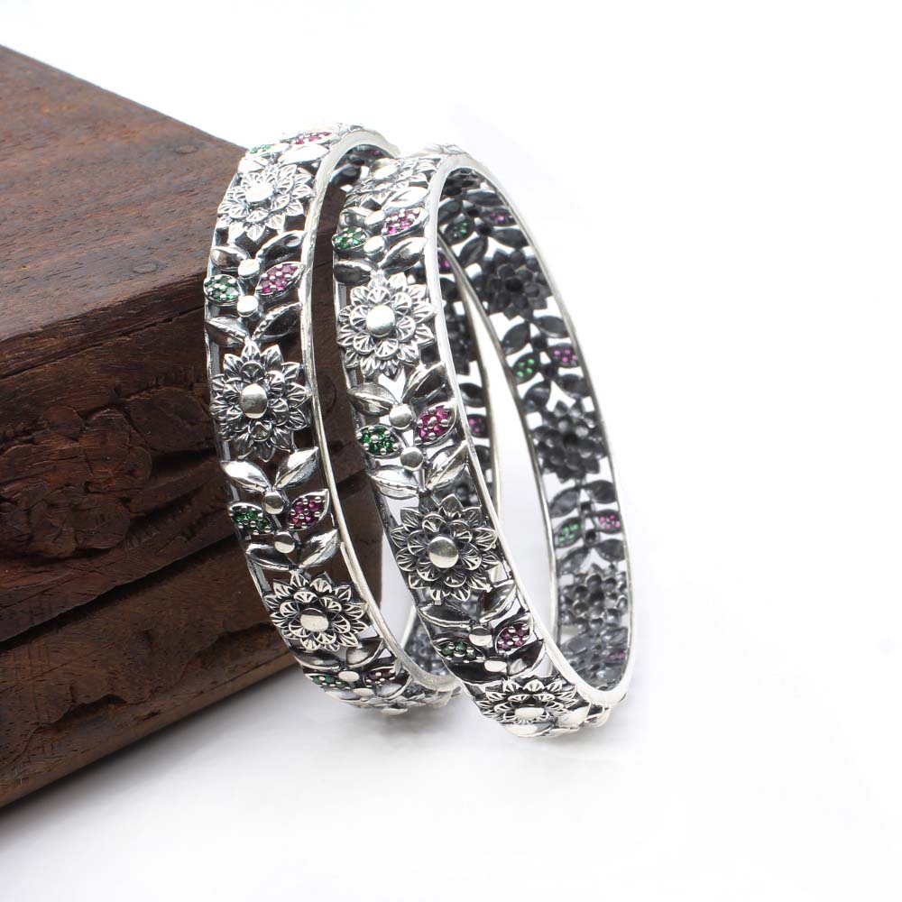 Real Sterling Silver CZ Women Oxidized Bangles Pair - 6.2 CM