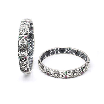 Real Sterling Silver CZ Women Oxidized Bangles Pair - 6.2 CM