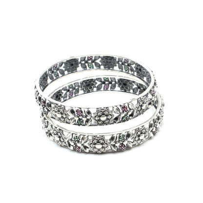 Real Sterling Silver CZ Women Oxidized Bangles Pair - 6.2 CM