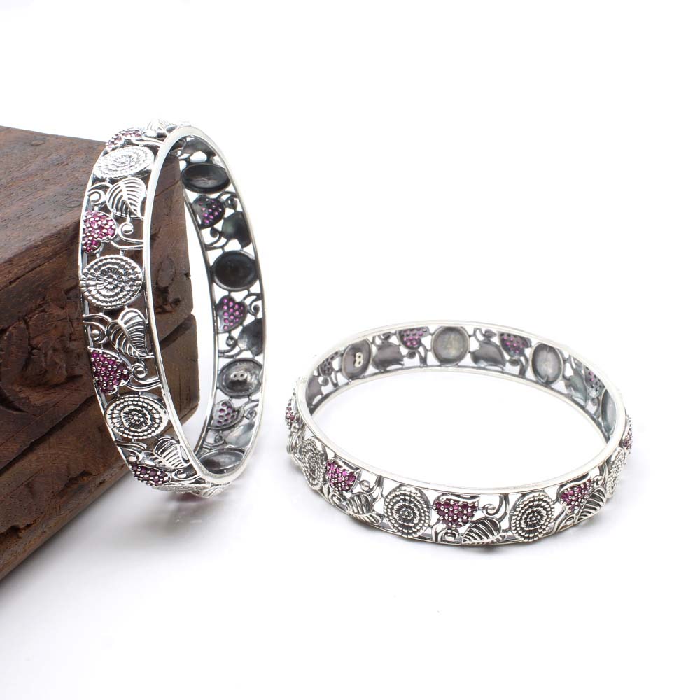 Real 925 Silver CZ Women Oxidized Bangles Pair - 6.2 CM