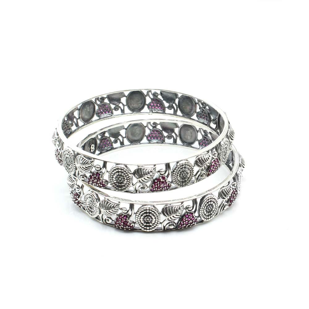 Real 925 Silver CZ Women Oxidized Bangles Pair - 6.2 CM