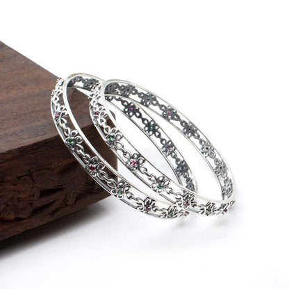 Real 925 Silver CZ Women Oxidized Bangles Pair