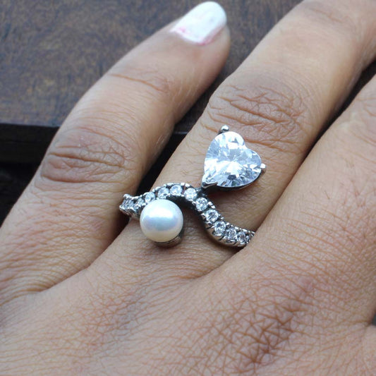 Sterling Silver Heart Women Ring Pearl CZ Studded