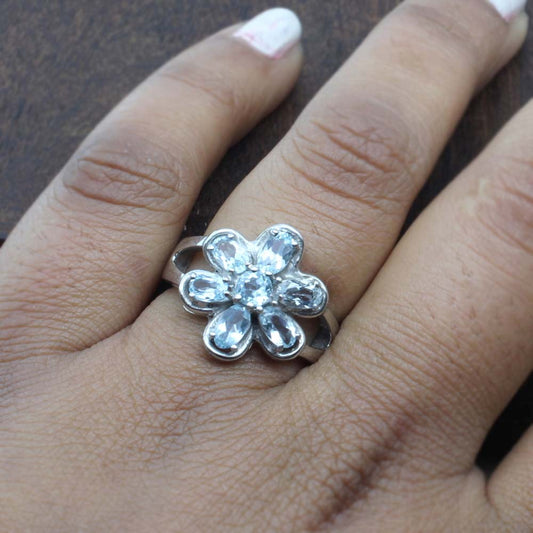 Flower Style 925 Sterling Silver Ring Platinum Finish