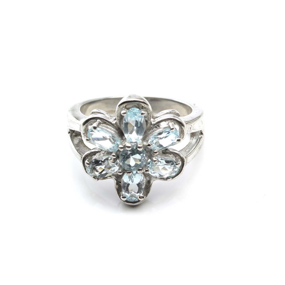 Flower Style 925 Sterling Silver Ring Platinum Finish