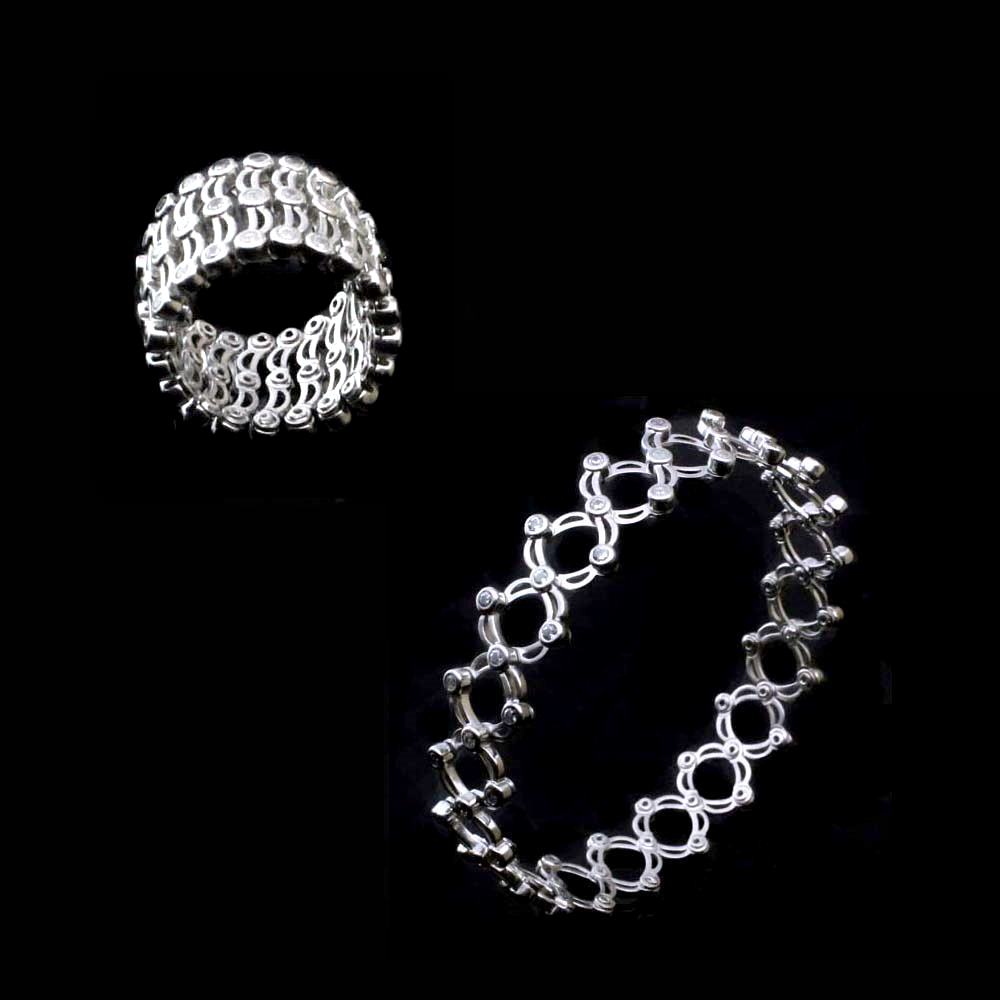 Real Silver White CZ 2 In 1 Ring Bracelet (Free Size)