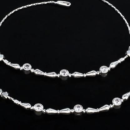 Real Silver Women Clear White CZ Payal Anklet Pair 10.3"