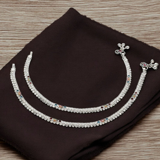 Real Silver women cultural design Payal Anklet Pair 10"