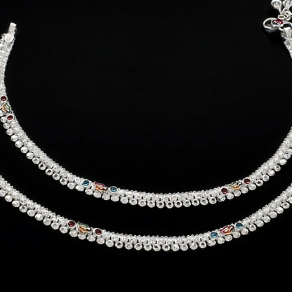 Real Silver women cultural design Payal Anklet Pair 10"