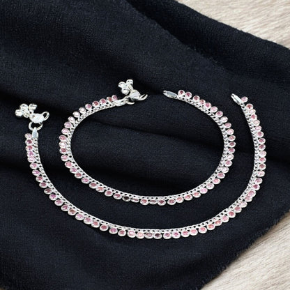 Real Silver Women Pink CZ Jhanjhar Anklet Pair 10.3"