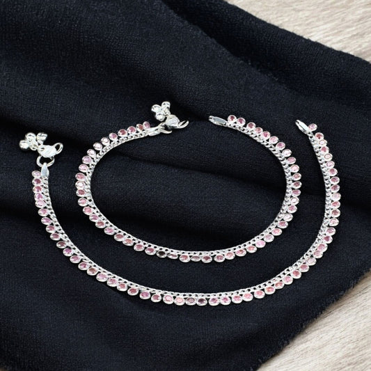 Real Silver Women Pink CZ Jhanjhar Anklet Pair 10.3"