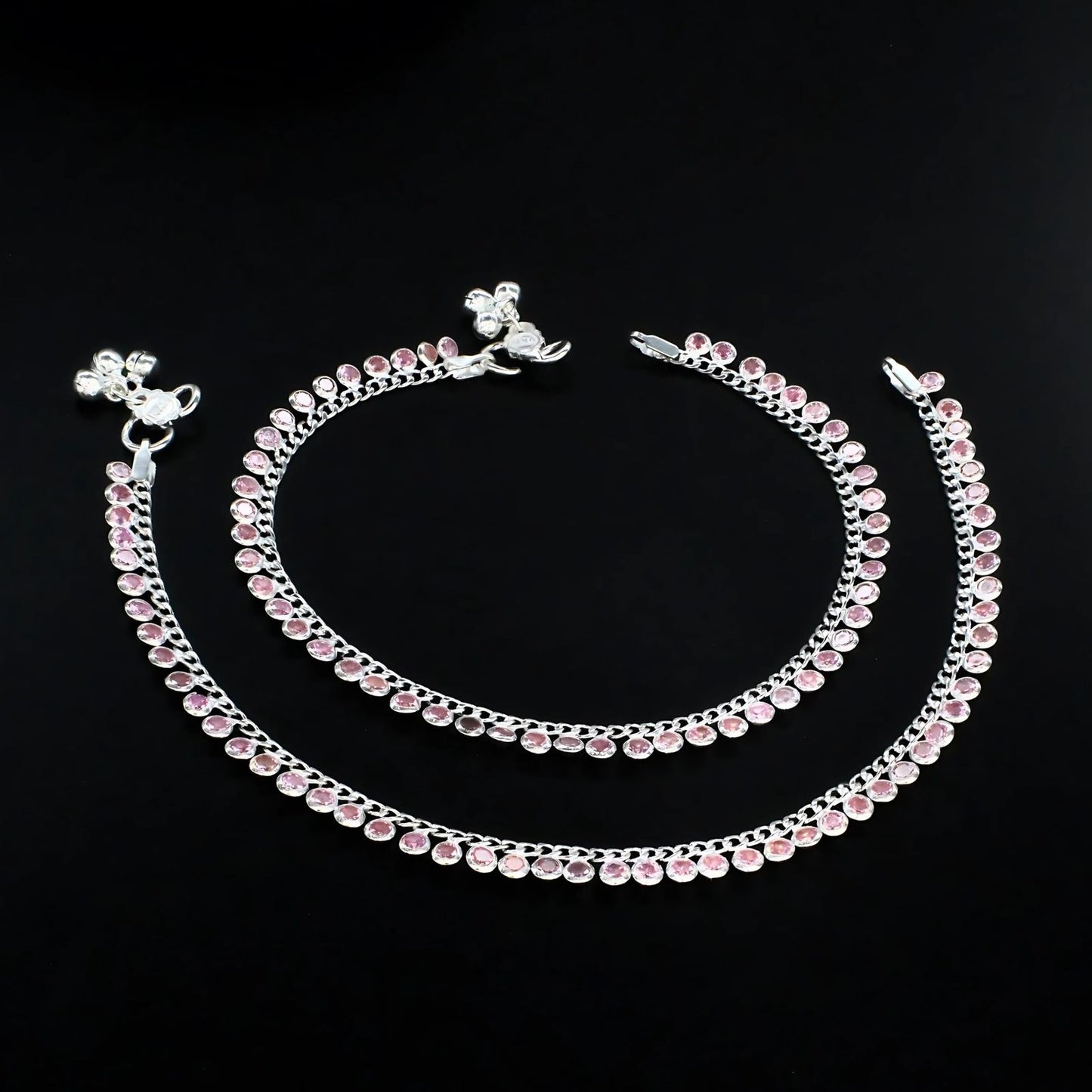 Real Silver Women Pink CZ Jhanjhar Anklet Pair 10.3"