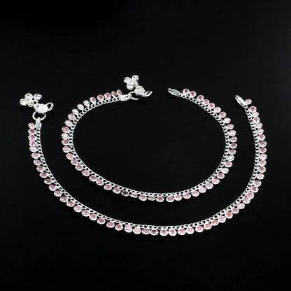 Real Silver Women Pink CZ Jhanjhar Anklet Pair 10.3"