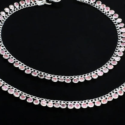 Real Silver Women Pink CZ Jhanjhar Anklet Pair 10.3"