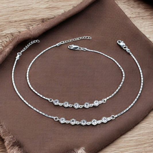 Real Silver Women White CZ pretty Jhanjhar Anklet Pair 10.5"