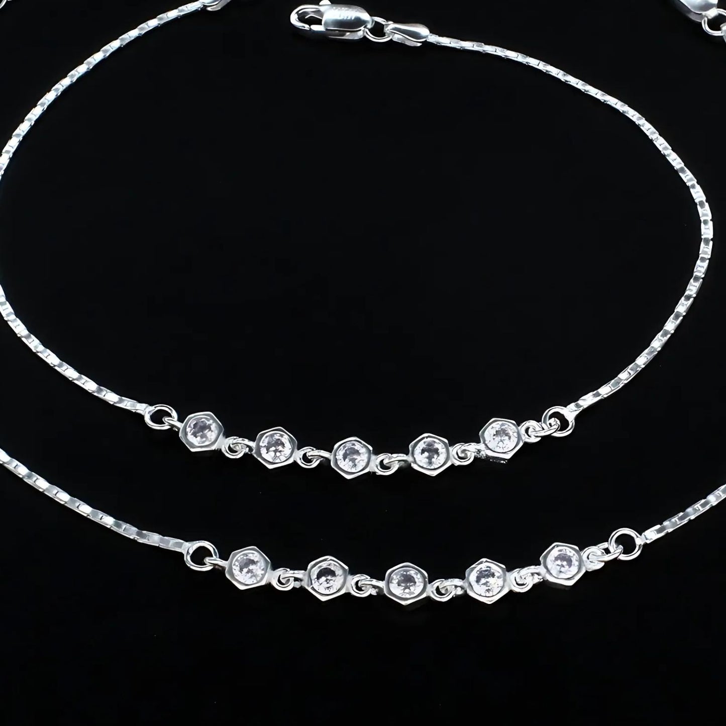 Real Silver Women White CZ pretty Jhanjhar Anklet Pair 10.5"