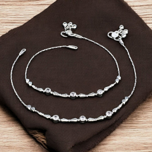 Real Silver Women Clear White CZ Payal Anklet Pair 10.3"
