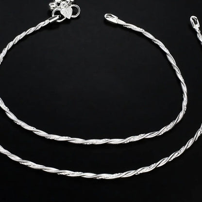 Real Silver women designer twisted chain style Pajeb Anklet Pair 10.3"
