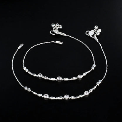 Real Silver Women Clear White CZ Payal Anklet Pair 10.3"
