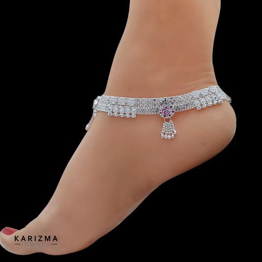 Real Sterling Silver women party wear pink white CZ Anklets Ankle Pair 10.3"