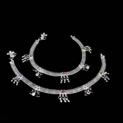 Real Sterling Silver women Multi CZ  party wear Anklets Ankle Pair 10.3"