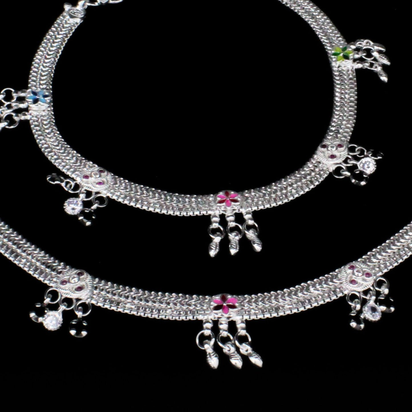 Real Sterling Silver women Multi CZ  party wear Anklets Ankle Pair 10.3"