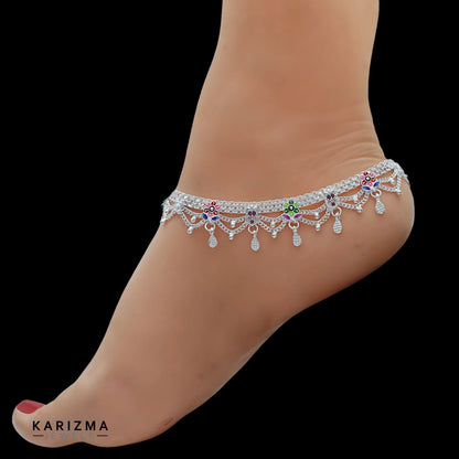 Real Sterling Silver women pink CZ floral design Anklets Ankle Pair 10.3"