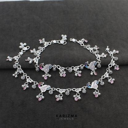 Real Sterling Silver women pink CZ cultural design Anklets Ankle Pair 10.3"