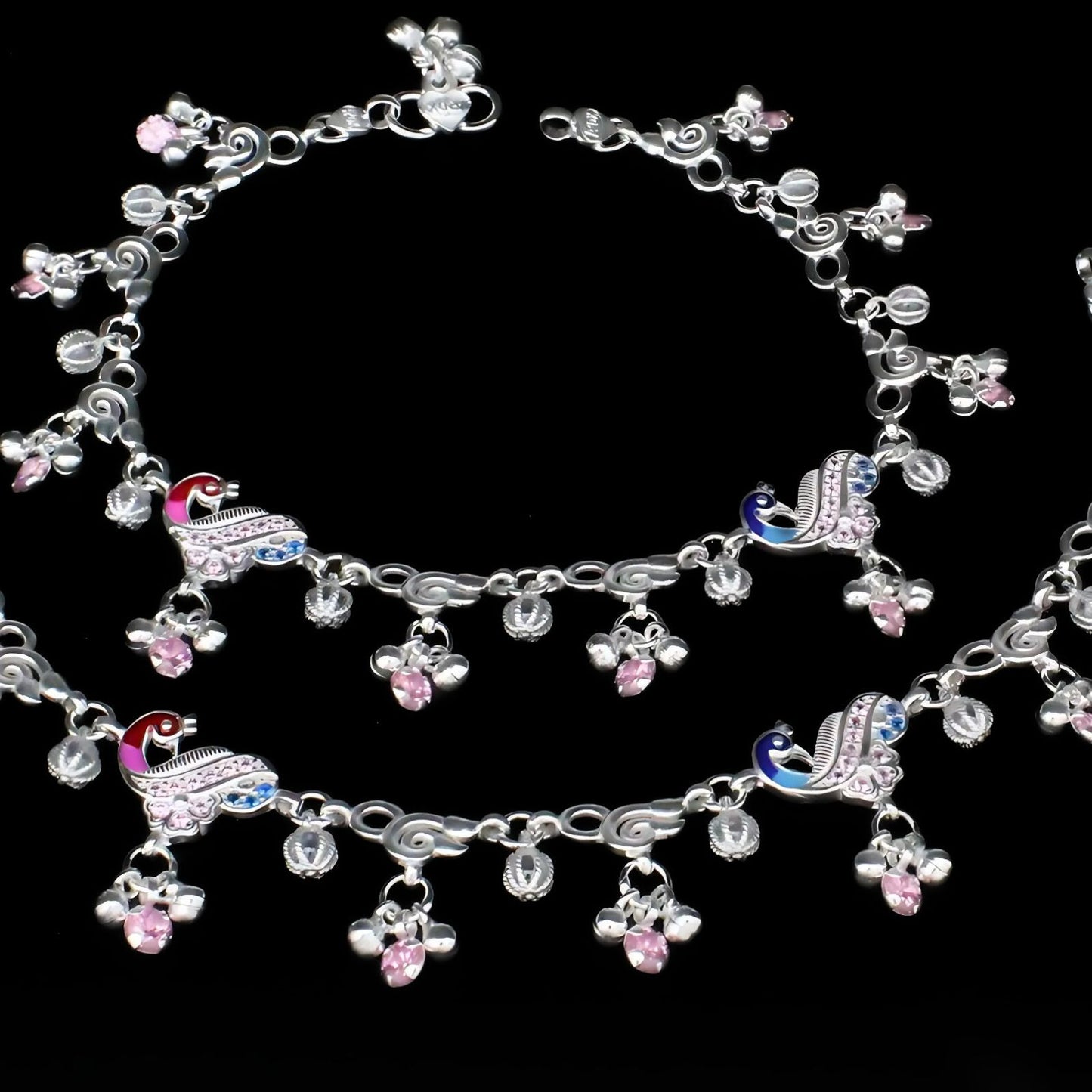 Real Sterling Silver women pink CZ cultural design Anklets Ankle Pair 10.3"