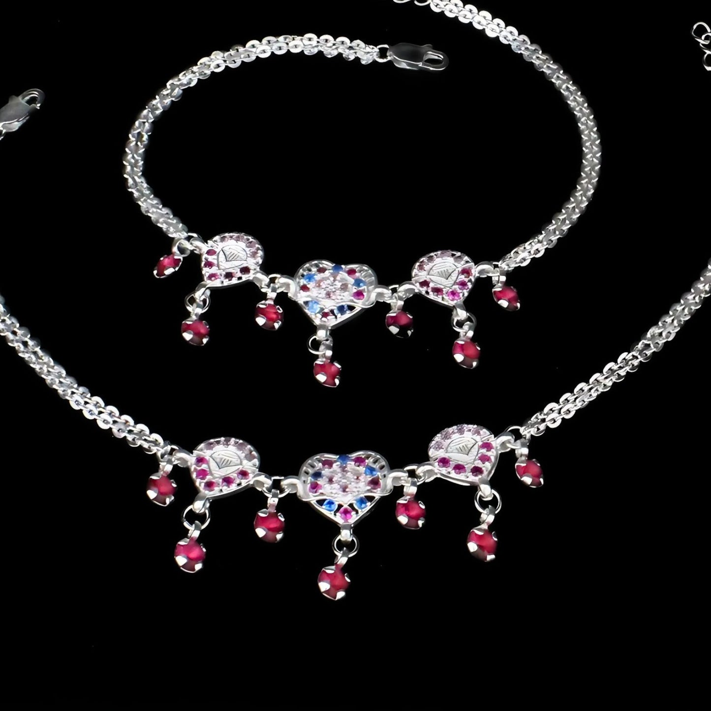 Real Sterling Silver women pretty gift pink CZ Anklets Ankle Pair 9.5"