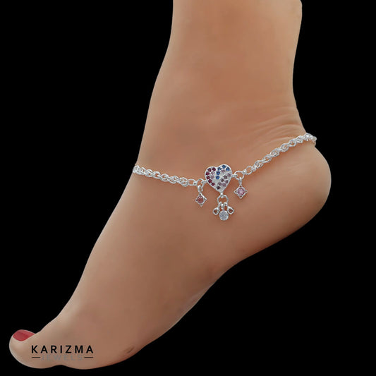 Real Sterling Silver women Multi CZ Heart design Anklets Ankle Pair 10.5"