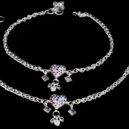 Real Sterling Silver women Multi CZ Heart design Anklets Ankle Pair 10.5"